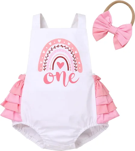 Miniatura 39 de IMEKIS Conjunto de ropa para bebé niña de primer cumpleaños con diadema de verano para sesión de fotos