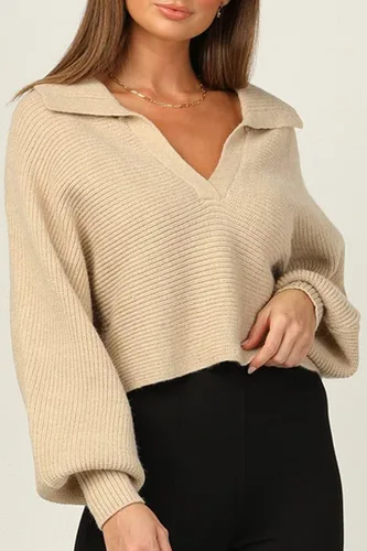 Miniatura 6 de CHYRII - Suéter de punto tipo polo con manga larga abombada y cuello en V para mujer, extra grande