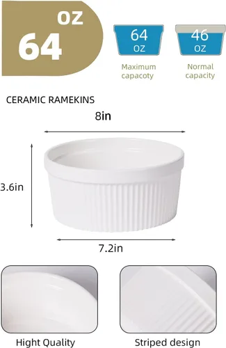 Miniatura 2 de Ramekins de 64 onzas, 1 plato de porcelana para souffle, crema brulee, pudín, tazas de natillas, juego de cuencos para hornear, apto para horno