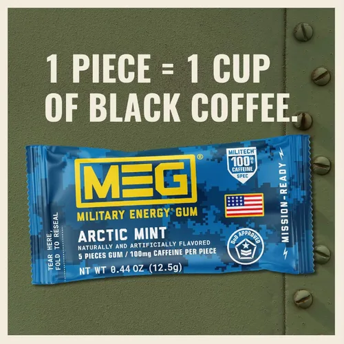 Miniatura 3 de MEG - Goma de mascar de energía militar 100 mg de cafeína por pieza + aumenta la energía + aumenta el rendimiento físico + paquete de 8