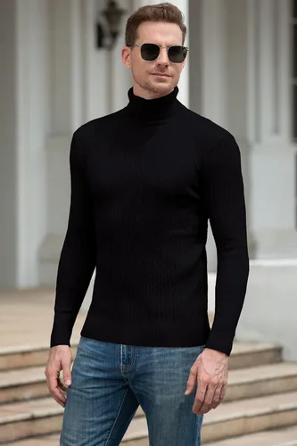 Miniatura 3 de QZH.DUAO - Suéteres informales de cuello alto para hombre, diseño entallado de punto trenzado, manga larga, sin botones