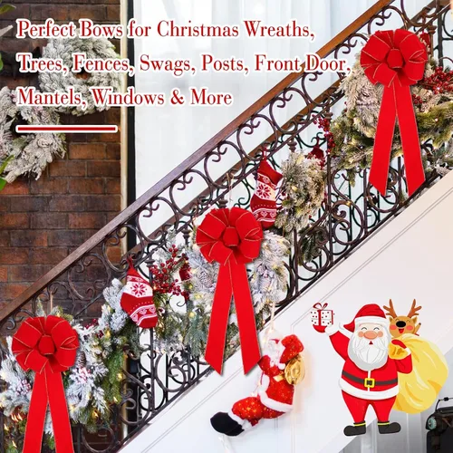 Miniatura 2 de Kigeli Lazo de Navidad grande de 10 x 26 pulgadas, hecho a mano, gran cinta de terciopelo rojo para exteriores, corona de Navidad, adorno para árbol