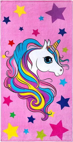Beachland Toalla de playa de unicornio y estrellas, 30 x 60 pulgadas, 100% algodón, colores arcoíris (unicornio rosa, 1 toalla)