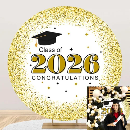 Miniatura 9 de Cubierta de fondo redonda de graduación para clase de 2025, telón de fondo redondo negro y dorado, decoración de fiesta de graduación, cubierta