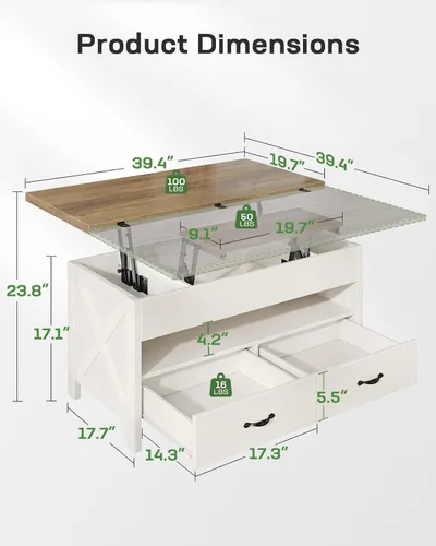 Miniatura 2 de Marsail Mesa de Centro Elevable de 40", Mesa de Centro 4 en 1 con Compartimento Oculto, 1 Estante Abierto y 2 Cajones, Mesa Central Multifuncional