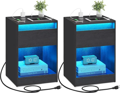 Miniatura 22 de VASAGLE Mesita de noche con estación de carga, 2 salidas de CA y 2 puertos USB, mesita de noche, mesa auxiliar con 3 cajones, estilo moderno, 13.8 x