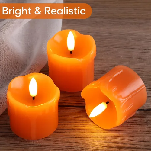 Miniatura 3 de Eywamage Velas votivas sin llama de cera de goteo naranja con pilas remotas, velas LED pequeñas de 2 x 2 pulgadas, juego de 6
