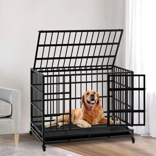 Miniatura 8 de Jaula plegable indestructible para perros con ruedas, jaula de metal resistente a prueba de escapes de 48 pulgadas para perros grandes y medianos