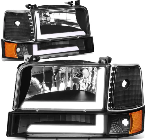 DNA MOTORING Par de faros delanteros de barra de luz LED dual compatibles con 92-96 F150 F250 F350 Bronco, negro/ámbar, HL-LB-F15092-6P-BK-AM