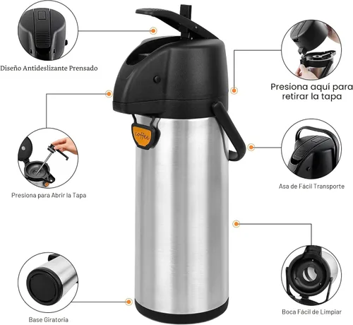 Miniatura 3 de TOMAKEIT Airpot - Dispensador de café térmico con bomba, 3L/102 onzas, aislado de acero inoxidable, gran jarra de café, palanca de acción para agua