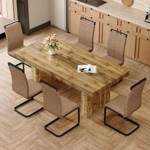 Miniatura 43 de gopop Rustic Modern 79" Rectangular Dining Table, Solid Wood Farmhouse Kitchen Table with Sturdy Legs, Wooden Dining Room Table for 6–10 People