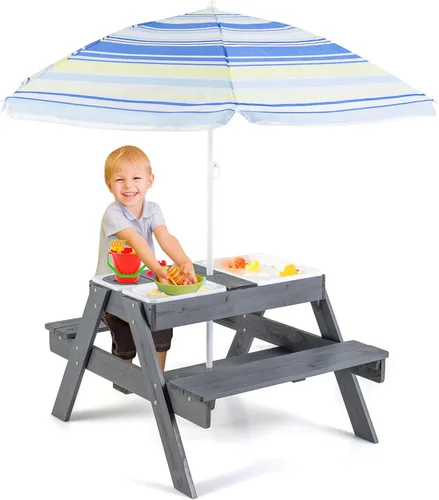 Miniatura 10 de Costzon Mesa de Picnic para Niños con Contenedores Sensoriales, Mesa de Arena y Agua 4 en 1 con Sombrilla de Altura Ajustable, Superficie de Mesa