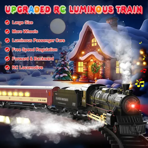 Miniatura 3 de Conjunto de Tren Hot Bee para Niños, Juego de Tren de Navidad con Control Remoto con Locomotora de Vapor, Coches de Pasajeros Ligeros y Pistas