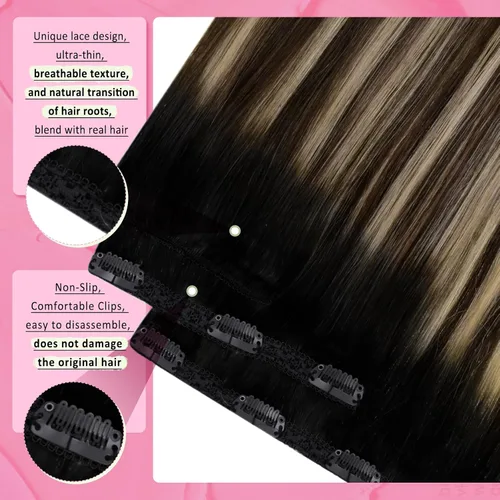 Miniatura 3 de YoungSee Extensiones de cabello humano real con clip, de 20 pulgadas, color negro a marrón con rubio, extensiones de cabello Remy lacio, añade