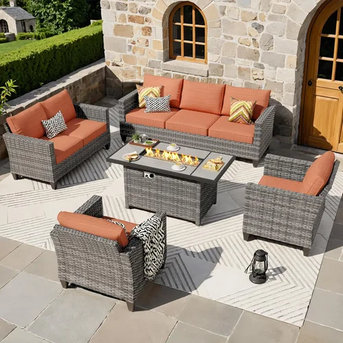 Miniatura 17 de ovios Juego de muebles de patio de 6 piezas, sillas giratorias de mimbre para exteriores con mesa para fogatas de 30 pulgadas, juego de mecedoras