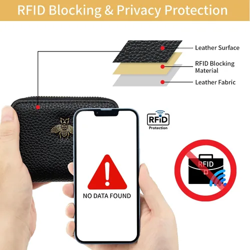 Miniatura 2 de WOZEAH Tarjetero de cuero para mujer, cartera con bloqueo RFID, con cremallera, tarjetero, para negocios, Negro, Sólido