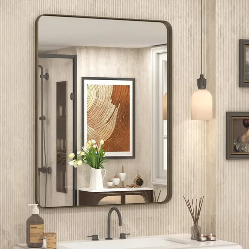 Miniatura 58 de Paquete de 2 espejos de baño con marco de metal negro de 22 x 30 pulgadas, espejo rectangular redondeado negro mate, antioxidante, se cuelga