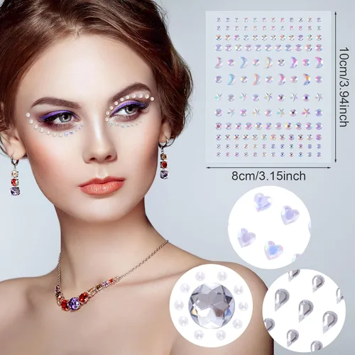 Miniatura 3 de OIIKI 6 hojas de gemas faciales – Joyas de corazón, ojos acrílicos de luna de cristal, diamantes de imitación redondos de Halloween, calcomanías
