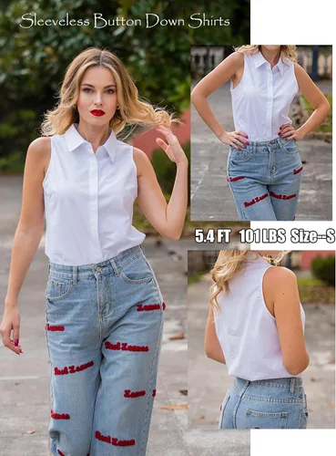 Miniatura 8 de HOTOUCH Camisas sin mangas con botones ocultos para mujer, frente con botones ocultos, cuello, blusas casuales elegantes holgadas para oficina