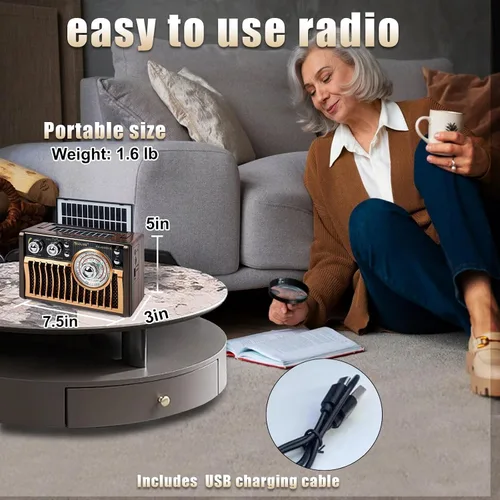 Miniatura 6 de Radios AM FM portátiles, radios retro con altavoces de alta potencia, compatible con alimentación USB y carga de paneles solares. Tarjeta Bluetooth