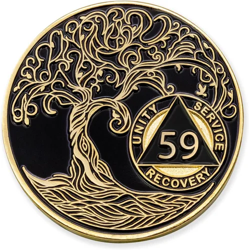 Miniatura 25 de 20 Year Sobriety Mint Twisted Tree of Life - Medallón de recuperación AA chapado en oro, fichas y fichas, color negro