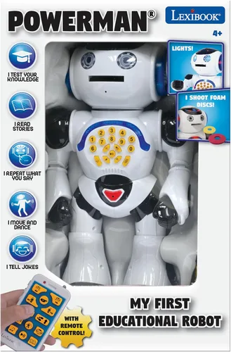 Miniatura 6 de LEXiBOOK Powerman - Robot de juguete con control remoto que camina y habla, baila, canta, lee historias, quiz de matemáticas, dispara discos e imita
