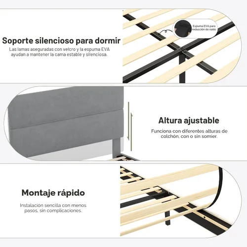 Miniatura 4 de GRUSIGN Base de cama de plataforma tamaño Queen con cabecera de terciopelo, soporte de listones de madera de altura ajustable, base de colchón Gris