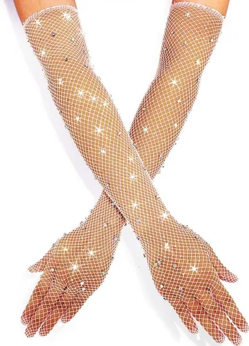Guantes largos de malla con diamantes de imitación, guantes de red brillantes de moda, ópera, rave, fiesta, disfraces, guantes para mujeres y niñas