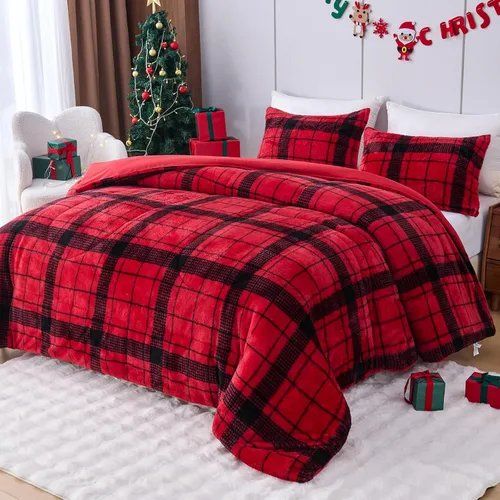 Miniatura 17 de YIYEA Juego de edredón navideño de piel sintética tamaño Queen, edredón de lujo ultra suave y esponjoso, juegos de ropa de cama de felpa difusa