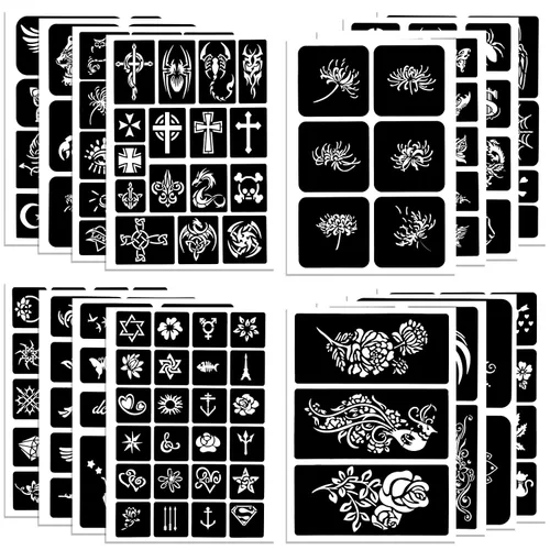 Miniatura 9 de Qpout Plantillas de tatuaje para niños y adultos, kit de plantillas de tatuaje de henna, diseño de plantillas de tatuaje pequeñas y grandes
