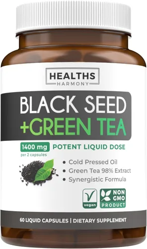 Cápsulas de aceite de semilla negra prensado en frío - Suplemento vegano sin OMG de semilla negra Nigella Sativa con extracto de té verde EGCG para
