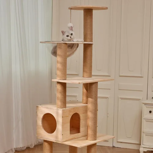 Miniatura 3 de Torre para gatos de madera maciza real de 61 pulgadas de alto con cama para gatos con cápsula espacial, cama superior con bola de juguete, postes
