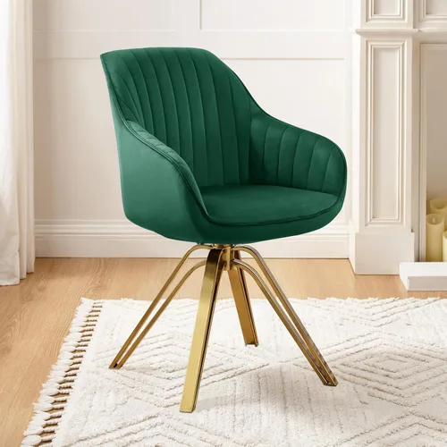 Miniatura 7 de Art Leon Silla giratoria moderna de mediados de siglo, silla de escritorio sin ruedas, sillón tapizado de tela con patas doradas, blanco roto Blanco