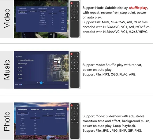 Miniatura 6 de Reproductor multimedia 4K @30Hz con salida dual HDMI, AV/VGA, divisor HDMI 4K, reproductor MP4 digital para 14TB HDD/512G USB/256G tarjeta SD/H.265