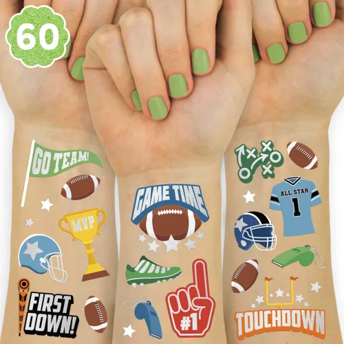 xo, Fetti Tatuajes temporales de fútbol – 60 estilos de aluminio | Fiesta de cumpleaños deportiva, suministros de fiesta de equipo de touchdown,