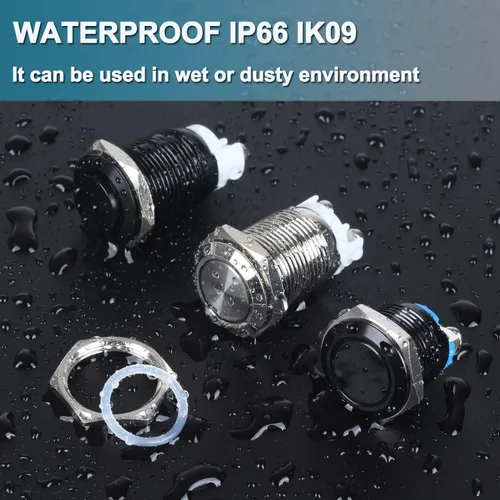 Miniatura 5 de Paquete de 2 interruptores de botón momentáneos de metal de 0.630 in, impermeables, IP66, terminales de tornillo antivandálicos de 12 V, 24 V, 36 V