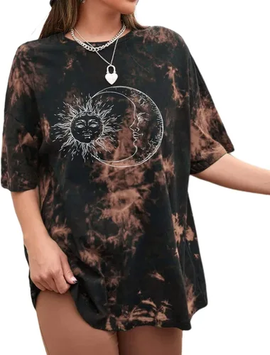 CSDAJIO Camisetas de manga corta para mujer, cuello redondo, estampado de sol y luna, camisetas de gran tamaño, camisetas gráficas vintage de