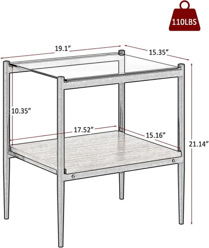 Miniatura 5 de ODUSE-DAILY Juego de mesa auxiliar y mesa auxiliar de 3 piezas, marco de metal negro, mesa auxiliar superior de cristal, estante superior cuadrado