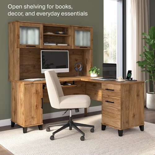 Miniatura 3 de Bush Home Colector de escritorio de 60 pulgadas, organizador de almacenamiento de oficina con estantes, cubos y puertas de vidrio esmerilado