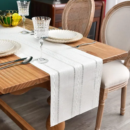 Miniatura 14 de Camino de mesa rústico de granja con rayas trenzadas, caminos de mesa bordados, decoraciones de mesa para cocina, sala de estar, comedor, días