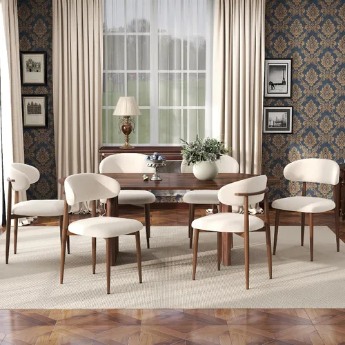Miniatura 15 de Juego de 2 sillas de comedor estilo granja, sillas de comedor de mediados de siglo con patas de metal de grano de nogal, sillas tapizadas de tela