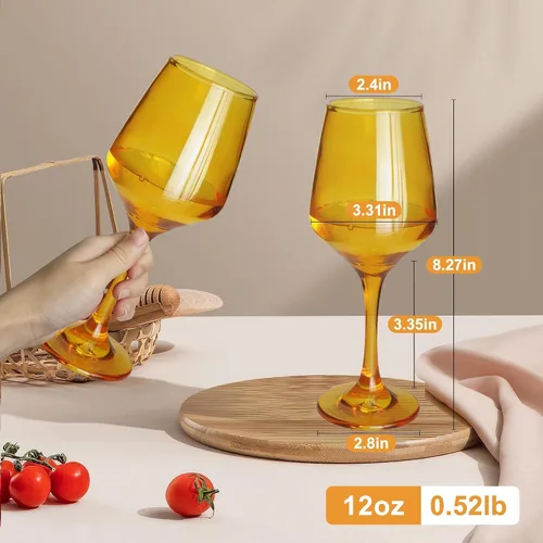 Miniatura 2 de Juego de 6 copas de vino ámbar con tallo de 12 onzas, gruesas y coloridas, aptas para lavavajillas, para rojo o blanco, regalo para fiestas
