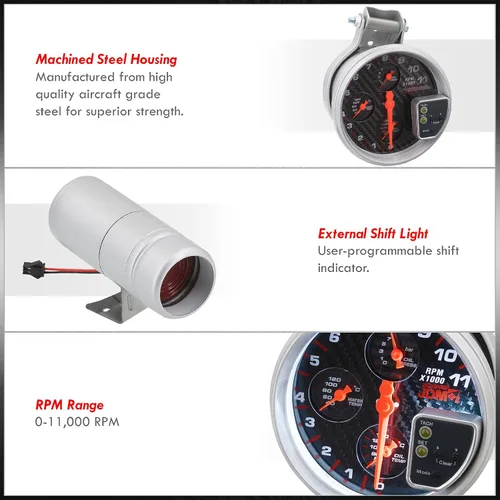 Miniatura 2 de AJP Distributors Universal JDM Sport - Tacómetro 4 en 1 con cara de fibra de carbono de 5 pulgadas, medidor de tacómetro de 11 K RPM con presión
