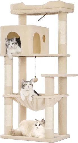 Miniatura 11 de Árbol para gatos pequeños de 32 pulgadas para gatos grandes, torre para gatos adultos con poste rascador, hamaca grande de 15.7 pulgadas y auto Beige