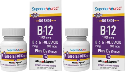 Miniatura 10 de Superior Source No Shot Vitamina B12 Cianocobalamina 1000 mcg, B6, ácido fólico, vitamina D 1000 UI, tabletas microlingües de disolución rápida, 100