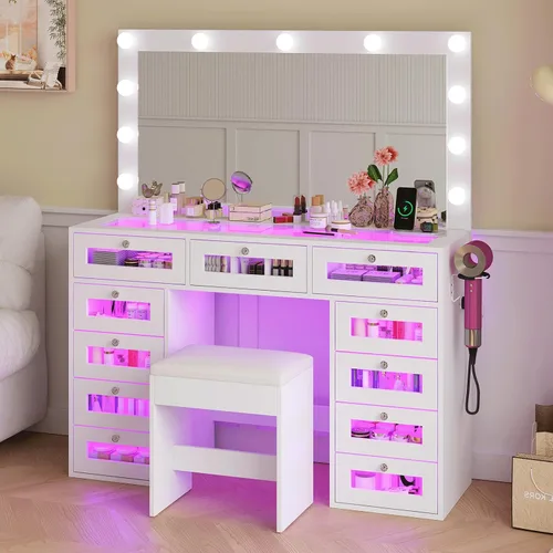 Miniatura 8 de Escritorio negro con espejo iluminado y toma de corriente, mesa de tocador de 11 cajones con silla, tocador de maquillaje con 11 bombillas