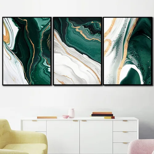 Miniatura 5 de Arte abstracto moderno de mármol verde oscuro con líneas de papel de aluminio de mármol para decoración de pared, lienzo de mármol verde abstracto