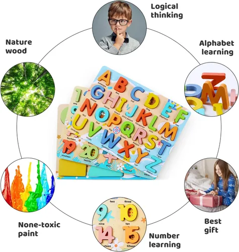 Miniatura 4 de Rompecabezas de madera para niños pequeños, Voamuw rompecabezas educativos de números, letras y formas para niños en edad preescolar de 3 a 6 años