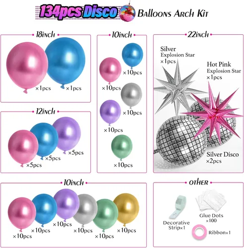 Miniatura 2 de FOTIOMRG Kit de arco de globos de discoteca de 135 piezas con globos de bola de discoteca, globos metálicos plateados, azul, verde, morado, rosa