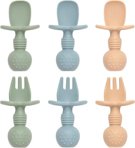 Eascrozn Juego de Cucharas y Tenedores de Alimentación para Bebés, Paquete de 6 Utensilios de Silicona para Niños Pequeños de Primera Etapa de
